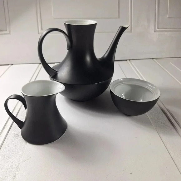 Espana Noche Block Bidasoa Spain Tea/Coffee Pot Creamer & Sugar Bowl Black Matte - Picture 3 of 14